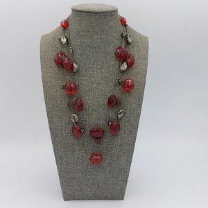 NY New York Red Faceted Beads Silver Toned Beads and Chain Multi Strand 20" + 4"